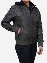 Load image into Gallery viewer, Real Lambskin Leather Grey Hoodie Jacket - Women&#39;s
