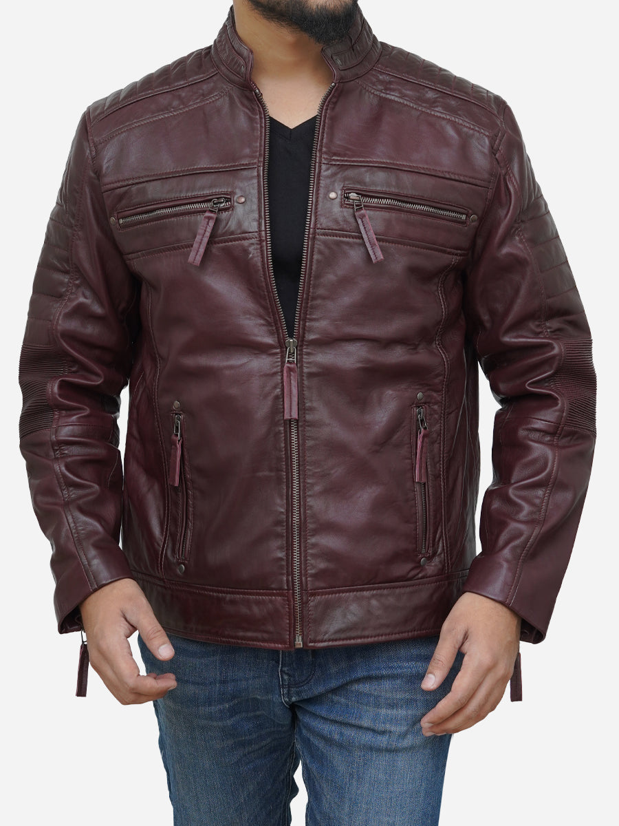 Men's Burgundy Waxed Genuine Leather Biker Jacket