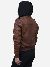Load image into Gallery viewer, Cognac Brown Leather Hooded Bomber Jacket for Women
