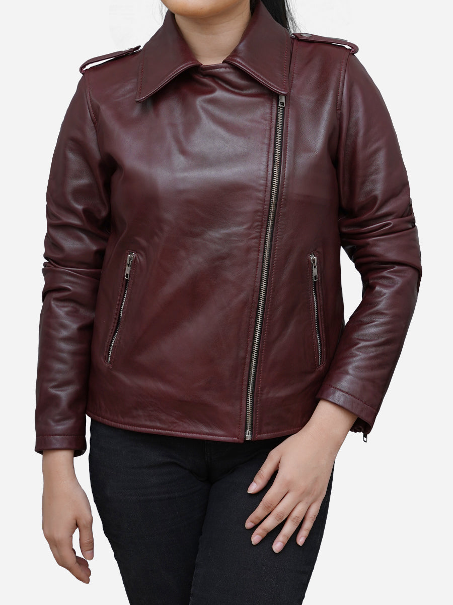 Peter Sign Women's Burgundy Leather Biker Jacket | Peter Sign