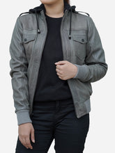 Load image into Gallery viewer, Grey Leather Bomber Jacket With Removable Hood 