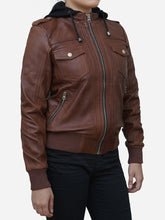 Load image into Gallery viewer, Women&#39;s Hooded Cognac Brown Leather Bomber Jacket