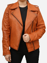 Load image into Gallery viewer, Tan Brown Leather Biker Jacket - Women&#39;s Classic