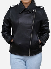 Load image into Gallery viewer, Black Leather Biker Jacket - Women&#39;s Genuine