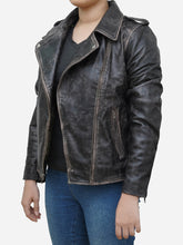 Load image into Gallery viewer, Black Distressed Asymmetric Leather Biker Jacket - Women&#39;s