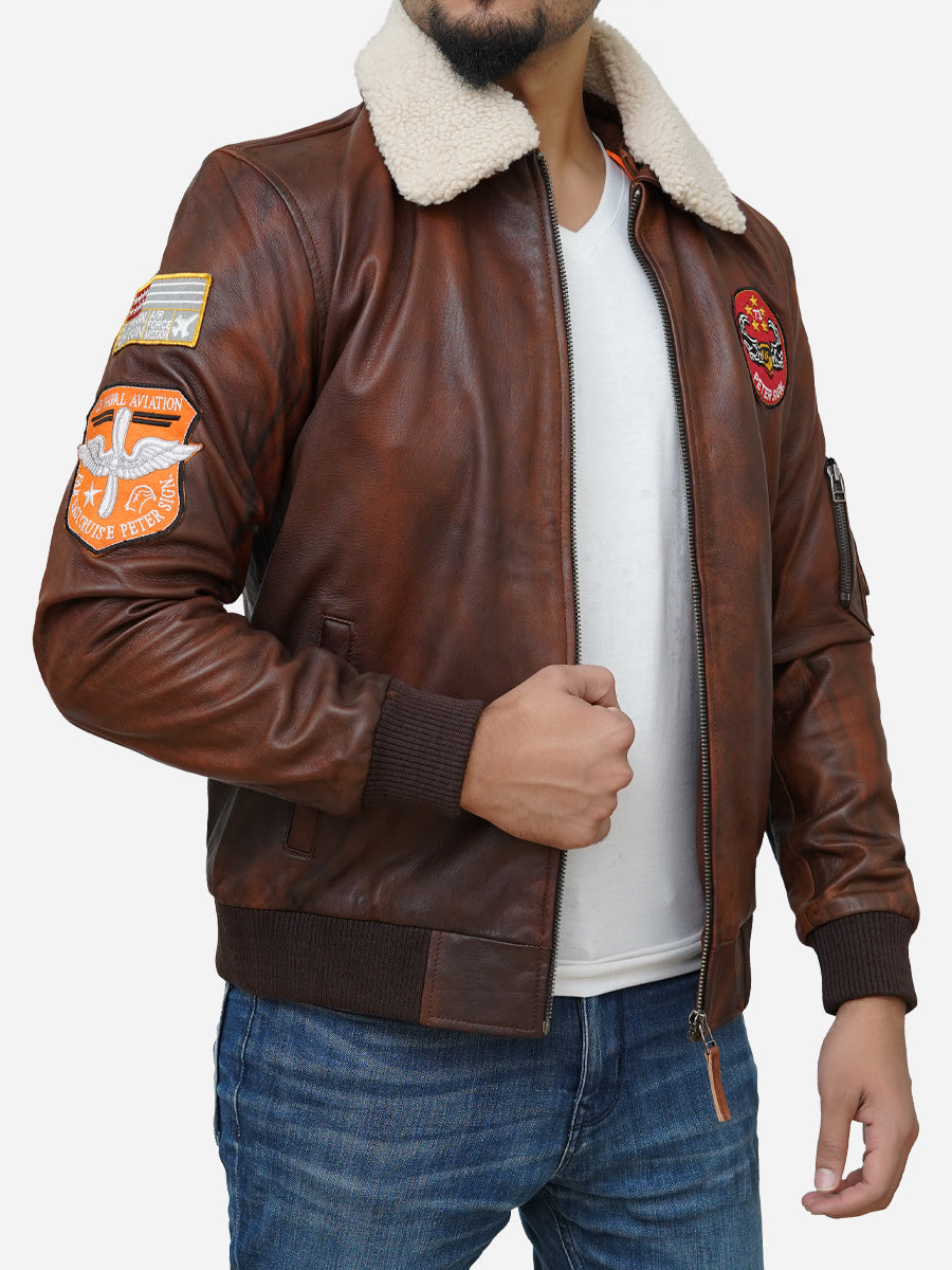 Men's Distressed Brown Waxed Flying Fighter Leather Jacket