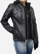 Load image into Gallery viewer, Genuine Black Biker Jacket Women With Hoodie