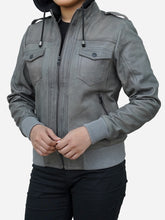 Load image into Gallery viewer, Women&#39;s Cloud Grey Leather Jacket With Removable Hood 