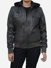 Load image into Gallery viewer, Women&#39;s Grey Hoodie Jacket in Real Lambskin Leather