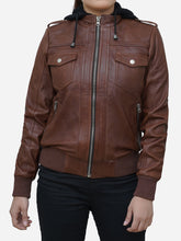 Load image into Gallery viewer, Cognac Brown Leather Bomber Jacket - Women&#39;s Hooded
