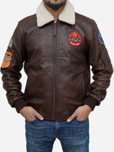 Load image into Gallery viewer, Brown Leather Flying Fighter Shearling Jacket - Men&#39;s