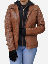 Load image into Gallery viewer, Lambskin Brown Leather Hoodie Jacket For Women
