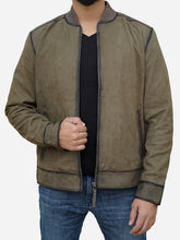 Load image into Gallery viewer, Olive Green Leather Bomber Jacket - Men&#39;s Suede