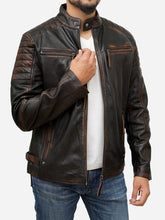 Load image into Gallery viewer, Distressed Brown Leather Café Racer Moto Jacket - Men&#39;s