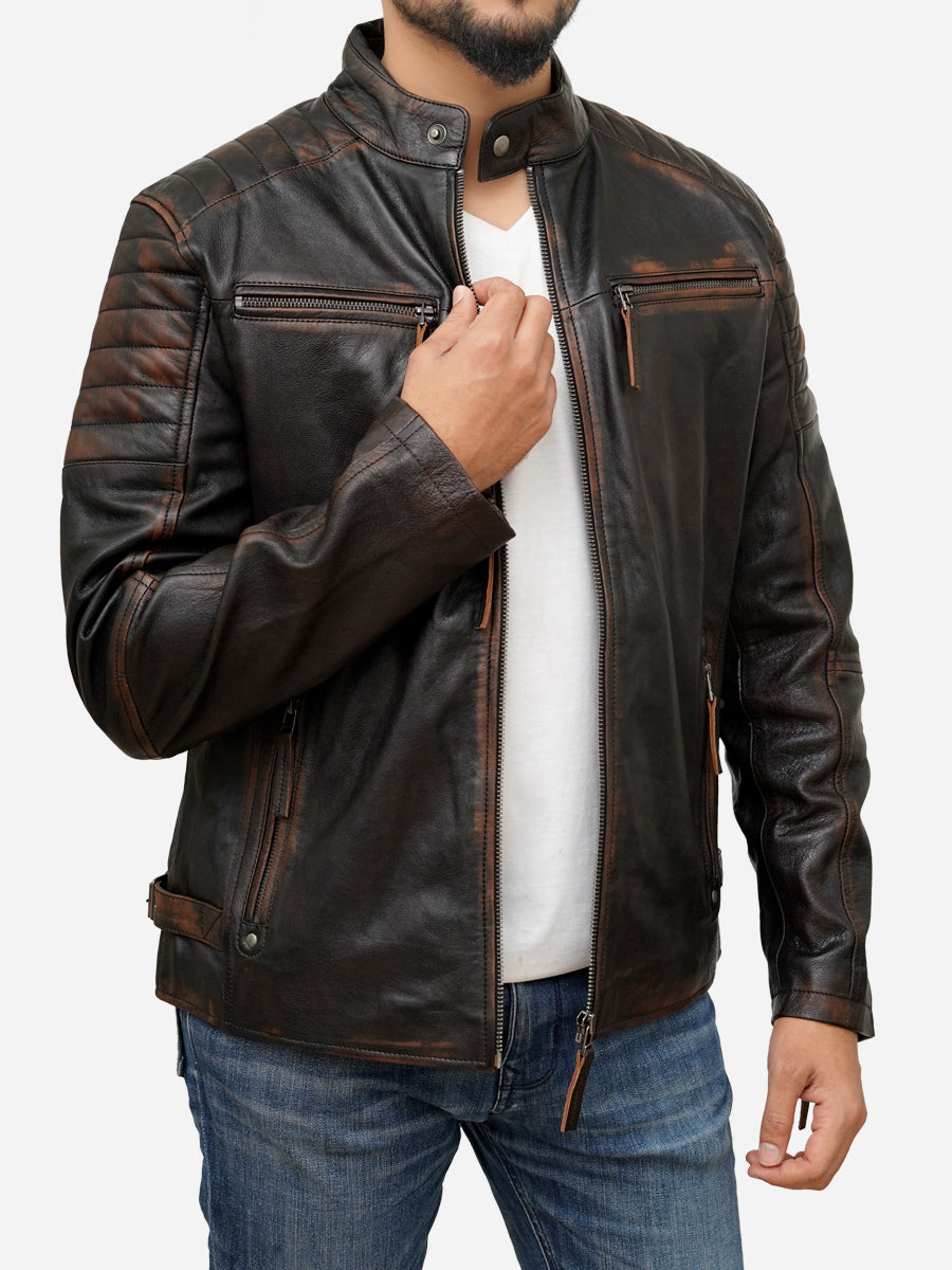 Brown Leather Racer Leather Jacket Men Men's Distressed Brown
