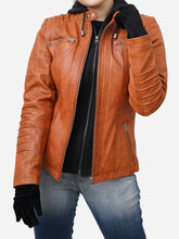 Load image into Gallery viewer, Women&#39;s Tan Brown Hooded Leather Jacket