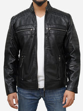 Load image into Gallery viewer, Black Leather Biker Jacket - Men&#39;s Genuine