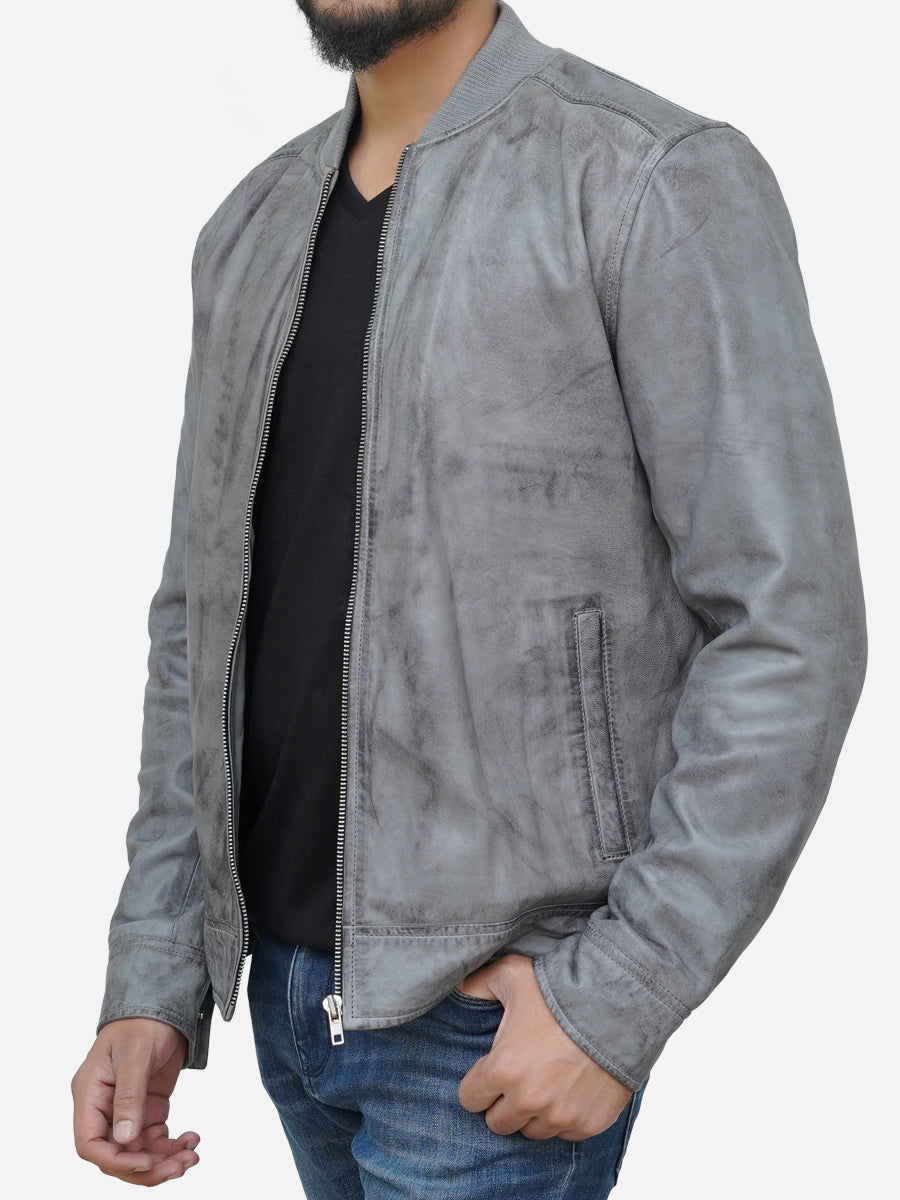 Grey leather bomber jacket hotsell