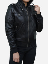 Load image into Gallery viewer, Black Fitted Leather Bomber With Removable Hood for Women