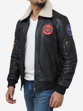 Load image into Gallery viewer, Men&#39;s Black Genuine Leather Jacket with Shearling Collar