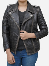 Load image into Gallery viewer, Women&#39;s Distressed Asymmetric Biker Jacket in Black Leather