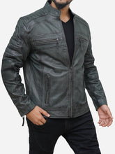 Load image into Gallery viewer, Men&#39;s Grey Motorcycle Jacket in Lambskin Leather