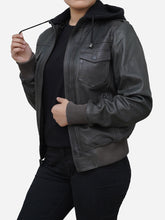 Load image into Gallery viewer, Women&#39;s Grey Leather Hoodie Jacket in Real Lambskin