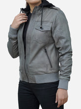 Load image into Gallery viewer, Cloud Grey Leather Bomber Jacket With Removable Hood 