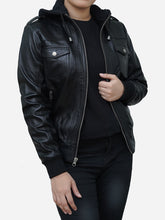 Load image into Gallery viewer, Women&#39;s Fitted Black Leather Bomber With Removable Hood