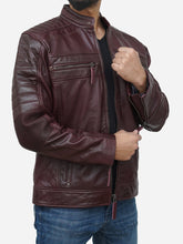 Load image into Gallery viewer, Genuine Burgundy Leather Biker Jacket - Men&#39;s Waxed
