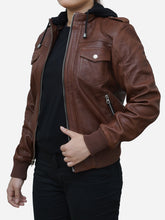 Load image into Gallery viewer, Hooded Cognac Brown Leather Bomber Jacket - Women&#39;s