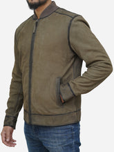 Load image into Gallery viewer, Suede Olive Green Leather Bomber Jacket - Men&#39;s