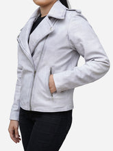 Load image into Gallery viewer, Real White Leather Asymmetric Motorcycle Jacket for Women