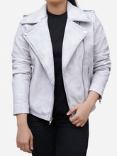 Load image into Gallery viewer, Women&#39;s White Asymmetric Motorcycle Jacket - Real Leather