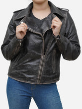 Load image into Gallery viewer, Women&#39;s Black Asymmetric Biker Jacket in Distressed Leather