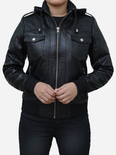 Load image into Gallery viewer, Black Leather Fitted Bomber With Removable Hood - Women