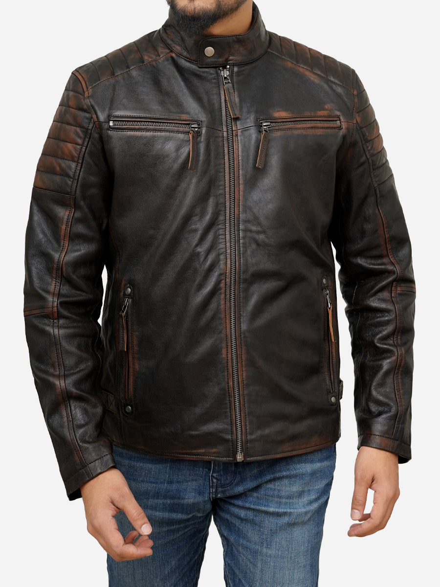 Men's Reddish Brown Goatskin Café Racer Leather Moto Jacket main image 1