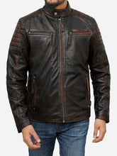 Load image into Gallery viewer, Men&#39;s Brown Moto Café Racer Jacket in Distressed Leather