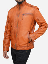 Load image into Gallery viewer, Tan Biker Style Leather Jacket - Men&#39;s Brown