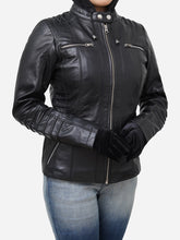 Load image into Gallery viewer, Genuine Black Leather Biker Jacket Women With Hoodie