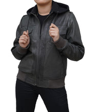 Load image into Gallery viewer, Grey Real Lambskin Leather Hoodie Jacket for Women