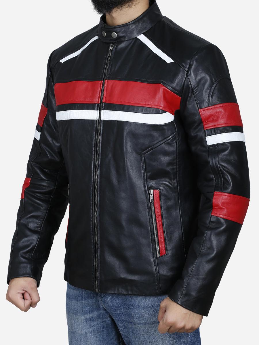 Mens CafeRacer Biker Motorcycle 100% Leather Jacket Rd W/Blk&Wht Stripes(S) deals