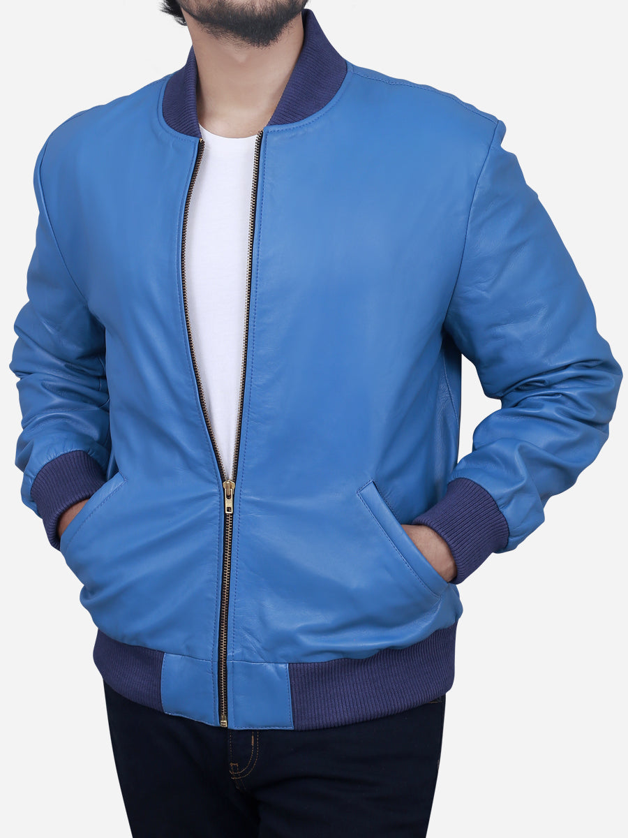 Peter Sign Luis Men's Blue Bomber Leather Jacket | Peter Sign
