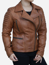 Load image into Gallery viewer, Clara Women&#39;s Brown Distressed Motorcycle Leather Jacket - Peter Sign