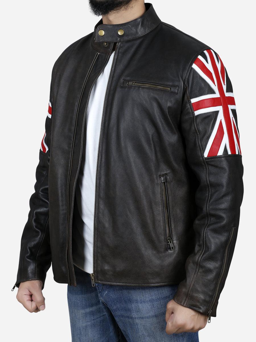 UK Flag Jacket Alex Men's Brown Leather Jacket with UK Flag on