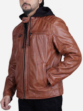 Load image into Gallery viewer, leather jacket with hood for men