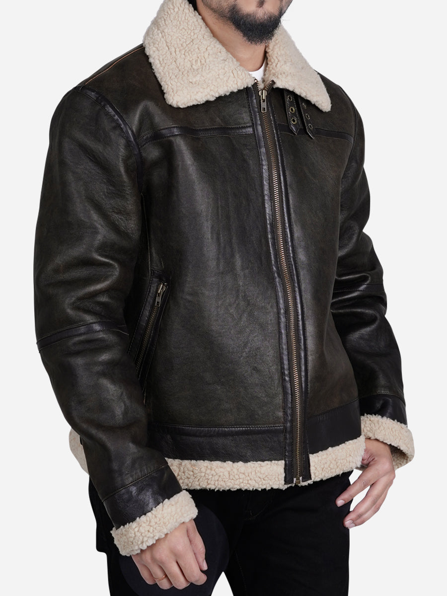 Zito Men's Brown Faux Shearling B3 Bomber Leather Jacket