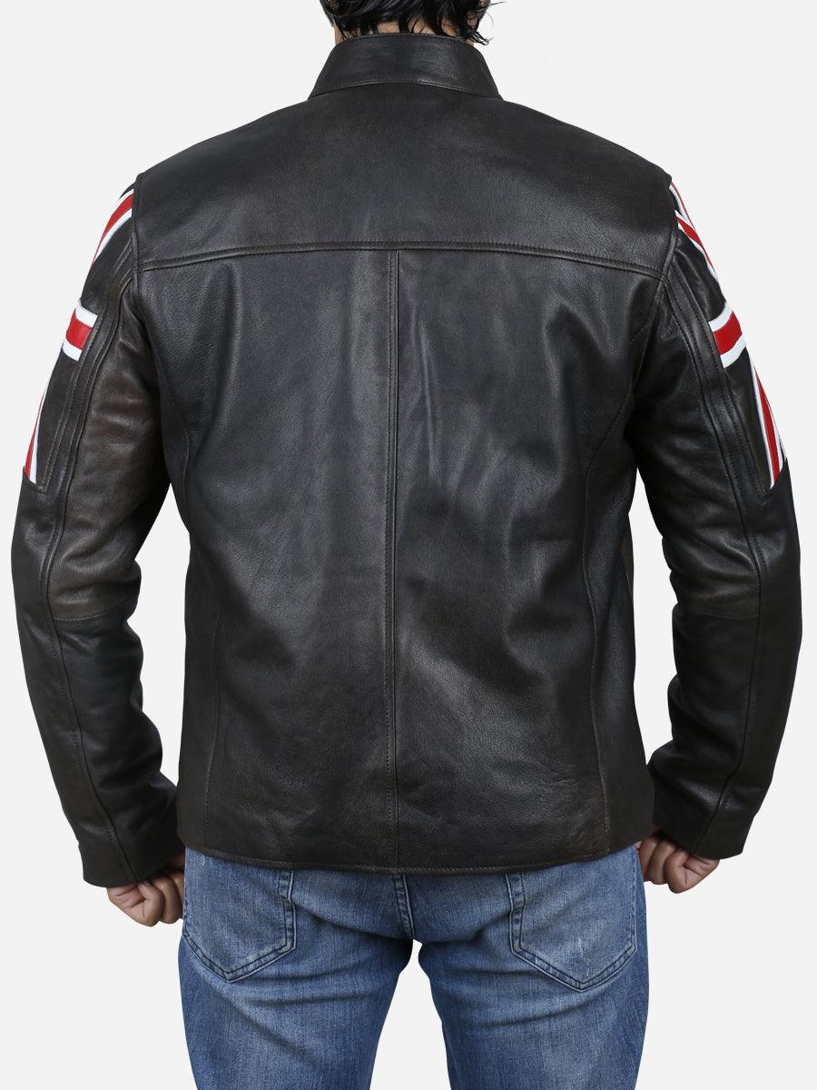 UK Flag Jacket - Alex Men's Brown Leather Jacket with UK Flag on