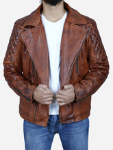Load image into Gallery viewer, Knight Men&#39;s Vintage Motorcycle Brown Leather Jacket - Peter Sign
