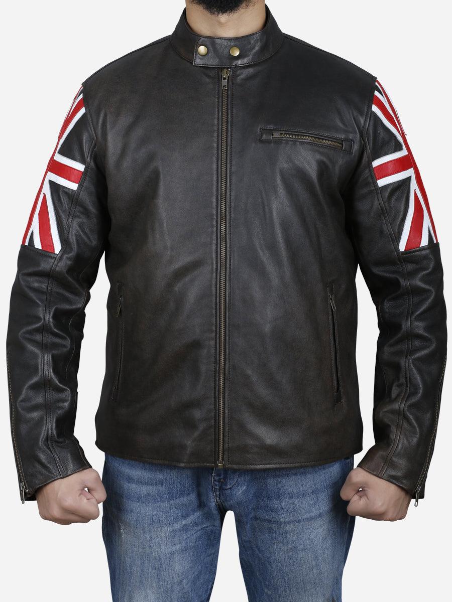 UK Flag Jacket - Alex Men's Brown Leather Jacket with UK Flag on Sleeves